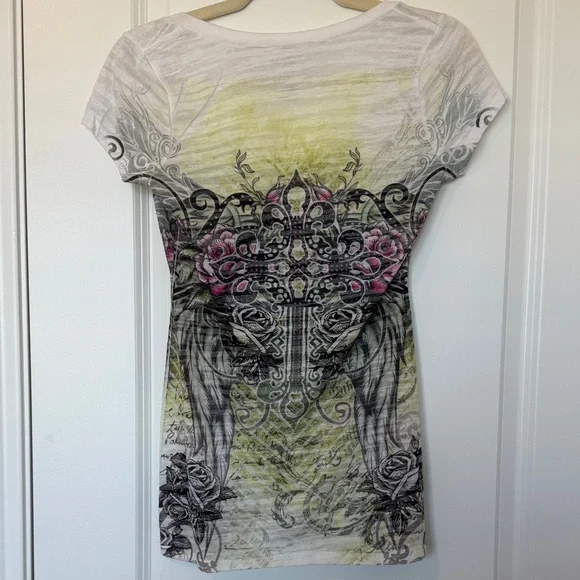 Women's Graphic V-Neck Tee - White, Yellow, and Pink - Picture 5 of 5